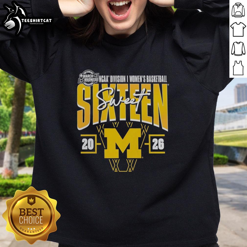 Premium Michigan Wolverines 2026 NCAA Women's Basketball Tournament March Madness Sweet 16 Sweatshirt in navy blue.