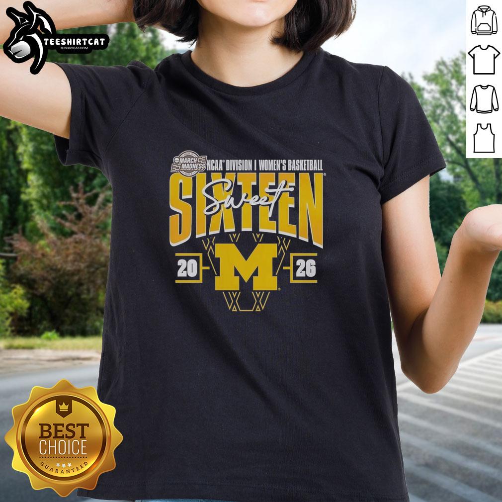 Premium Michigan Wolverines Madness Sweet 16 NCAA Women's Basketball Tournament ladies tee in blue and maize colors.