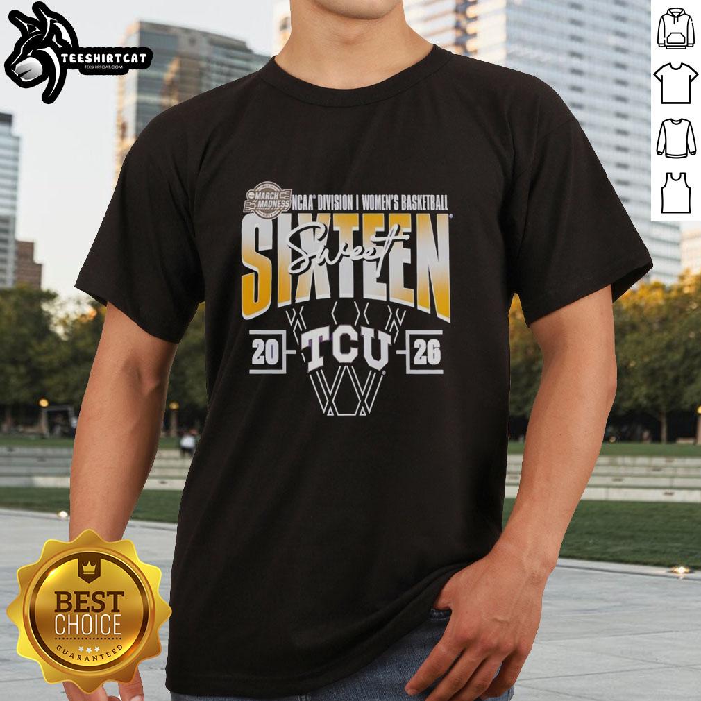 Premium TCU Horned Frogs 2026 March Madness Sweet 16 NCAA Women's Basketball Tournament T-Shirt design featuring team colors.