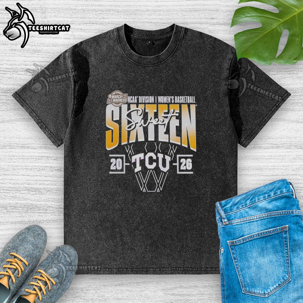 Premium TCU Horned Frogs March Madness Sweet 16 NCAA Women's Basketball Tournament washed t-shirt design.