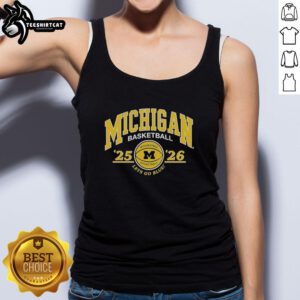 Premium University of Michigan 2025-2026 Basketball tank top in navy blue, featuring 'Let's Go Blue' slogan.