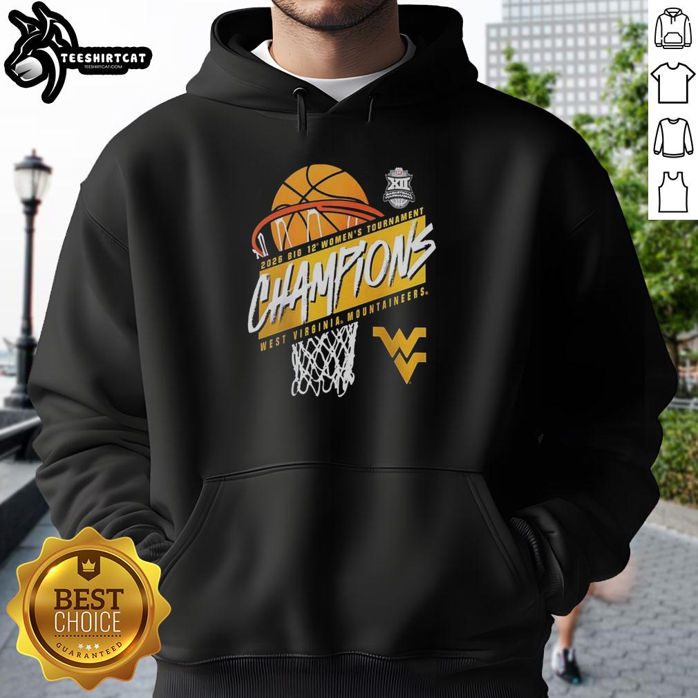 Premium West Virginia Mountaineers 2026 Big 12 Women's Basketball Tournament Champions Hoodie in navy blue.