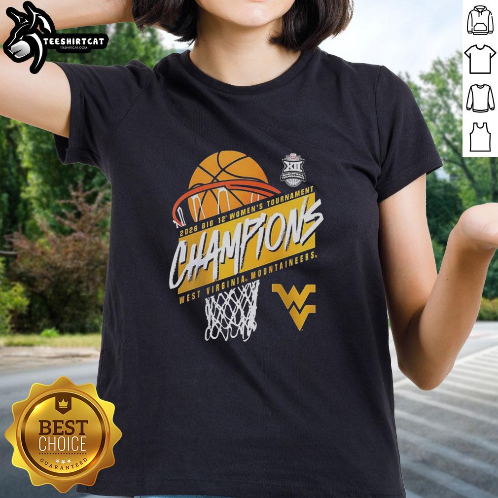 Alt Text: Premium West Virginia Mountaineers 2026 Big 12 Women's Basketball Tournament Champions Ladies Tee shirt design.