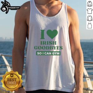 Alt Text: Woman wearing 'Pretty I Love Irish Goodbyes So I Can Gym' tank top, showcasing a fun fitness style and Irish pride.