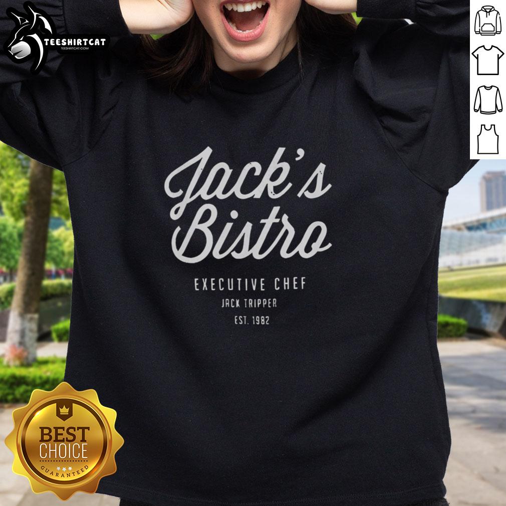 Pretty Jacks Bistro sweatshirt featuring Executive Chef Jack Tripper from 1982, showcasing vintage culinary style.
