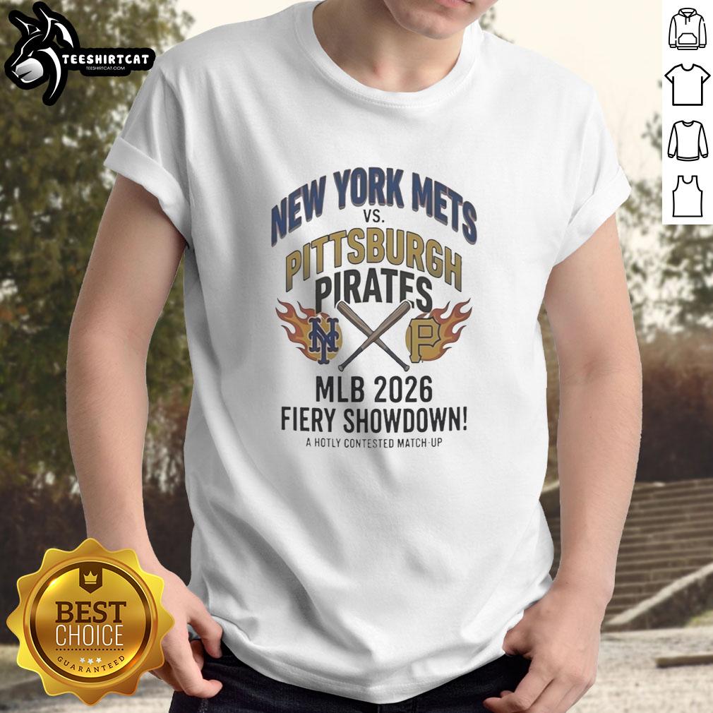 Alt Text: 2026 MLB schedule t-shirt featuring New York Mets vs. Pittsburgh Pirates design, perfect for baseball fans.