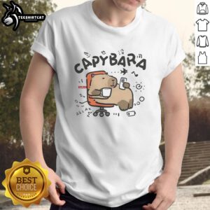 Pretty relaxing capybara lounging on an office chair, featured on a stylish T-shirt for animal lovers.