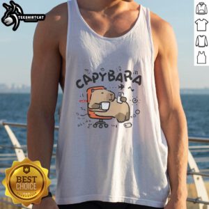 Alt Text: Relaxing capybara lounging on an office chair, wearing a tank top, showcasing a cute and cozy vibe.