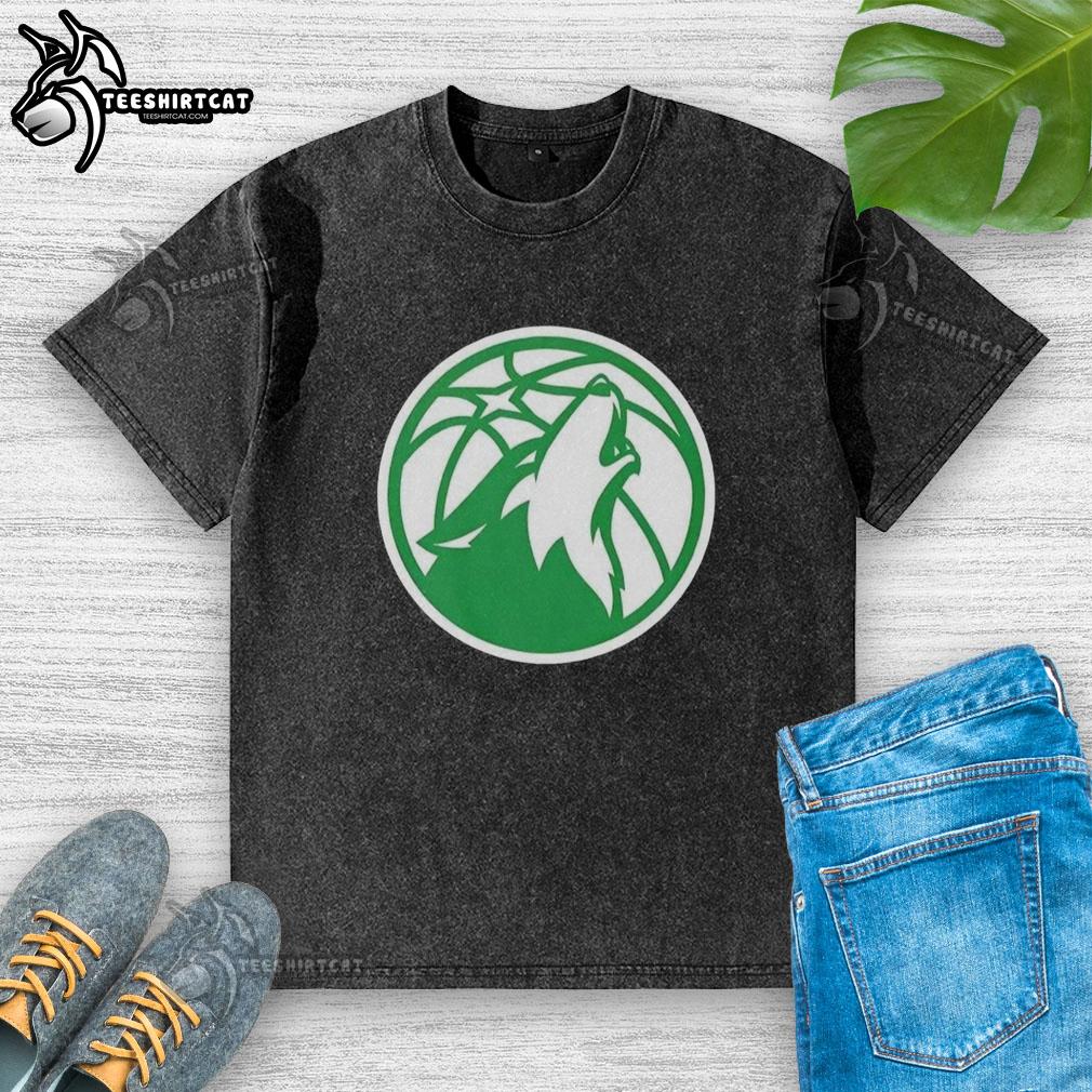 Alt Text: Top Minnesota Timberwolves white logo t-shirt for St. Patrick's Day, featuring a washed design for a stylish look.