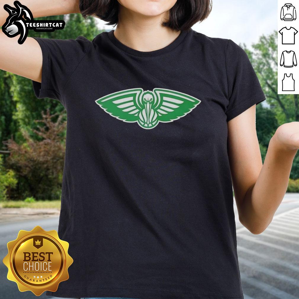 Women's St. Patrick's Day tee featuring the New Orleans Pelicans white logo, perfect for fans celebrating the holiday.