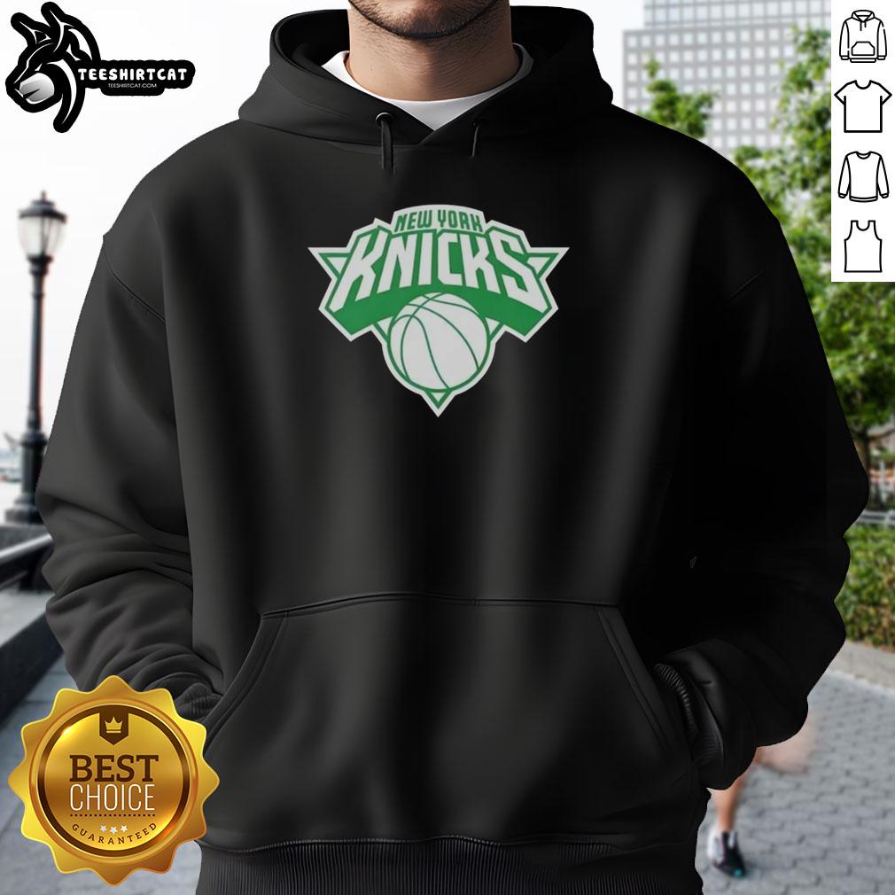 New York Knicks white logo hoodie for St. Patrick's Day, featuring festive green accents and team branding.