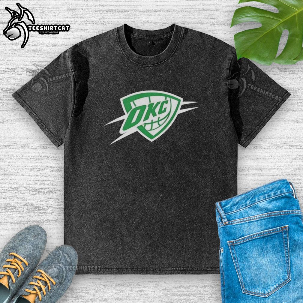 Top Oklahoma City Thunder white logo t-shirt for St. Patrick's Day, featuring a washed design for a vintage look.
