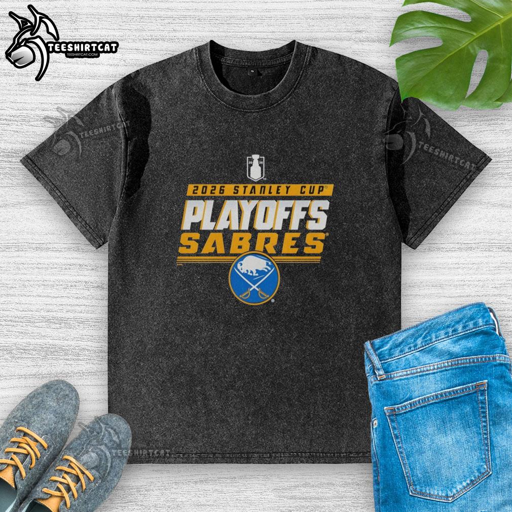 Alt Text: Vintage washed t-shirt featuring the Buffalo Sabres logo for the 2026 Stanley Cup Playoffs, perfect for hockey fans.