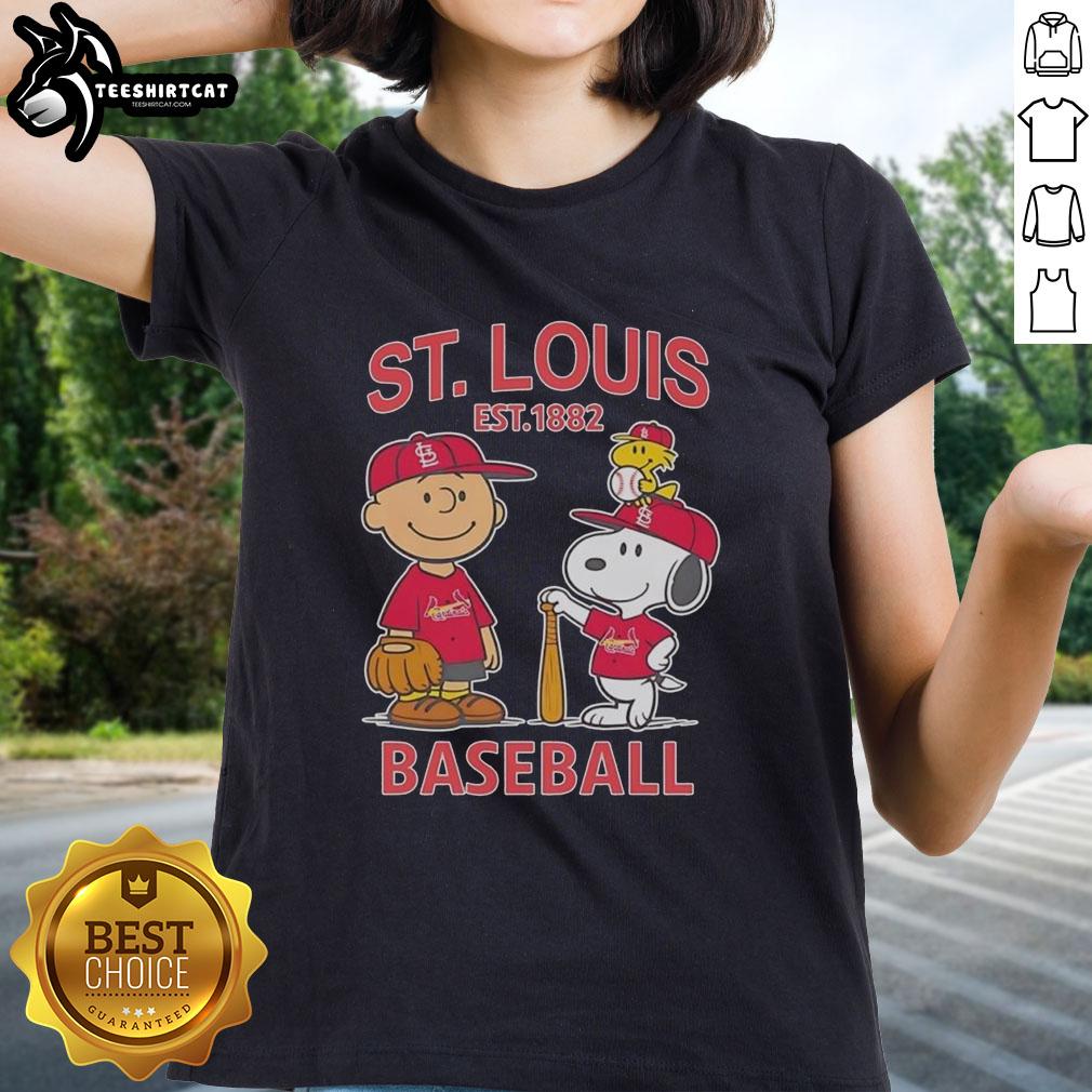 Awesome Charlie Brown and Snoopy St. Louis Cardinals Basketball Tee for Ladies, Est. 1882, perfect for sports fans.