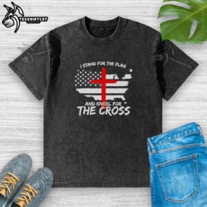 Awesome I Stand for the Flag and Kneel for the Cross America Flag washed t-shirt in patriotic design.