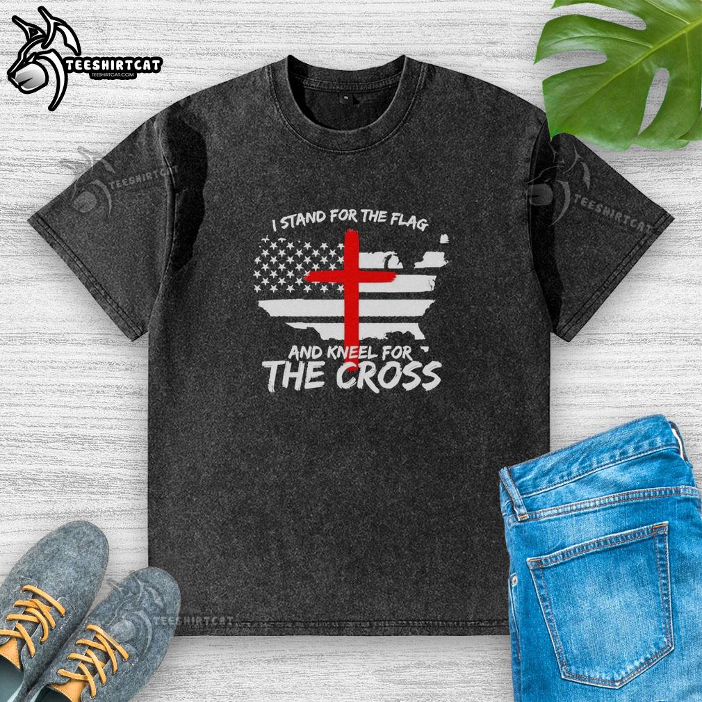 Awesome I Stand for the Flag and Kneel for the Cross America Flag washed t-shirt in patriotic design.