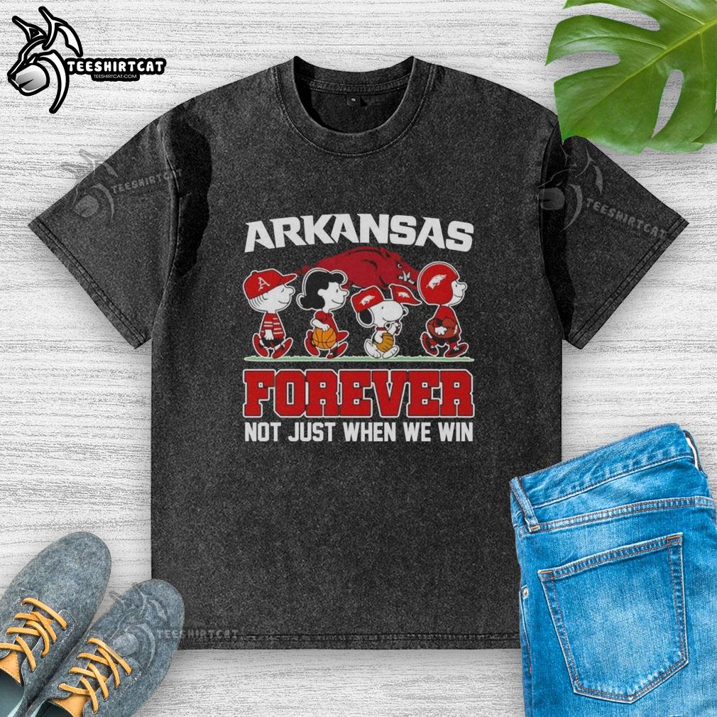 Alt Text: Cartoon characters on an Awesome Peanuts x Arkansas Razorbacks Forever Fan t-shirt, celebrating loyal fandom.