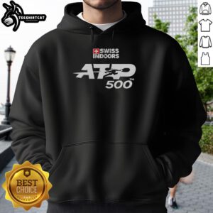 Alt Text: Awesome Swiss Indoors Basel ATP 500 hoodie displayed on a hanger, featuring vibrant colors and stylish design.