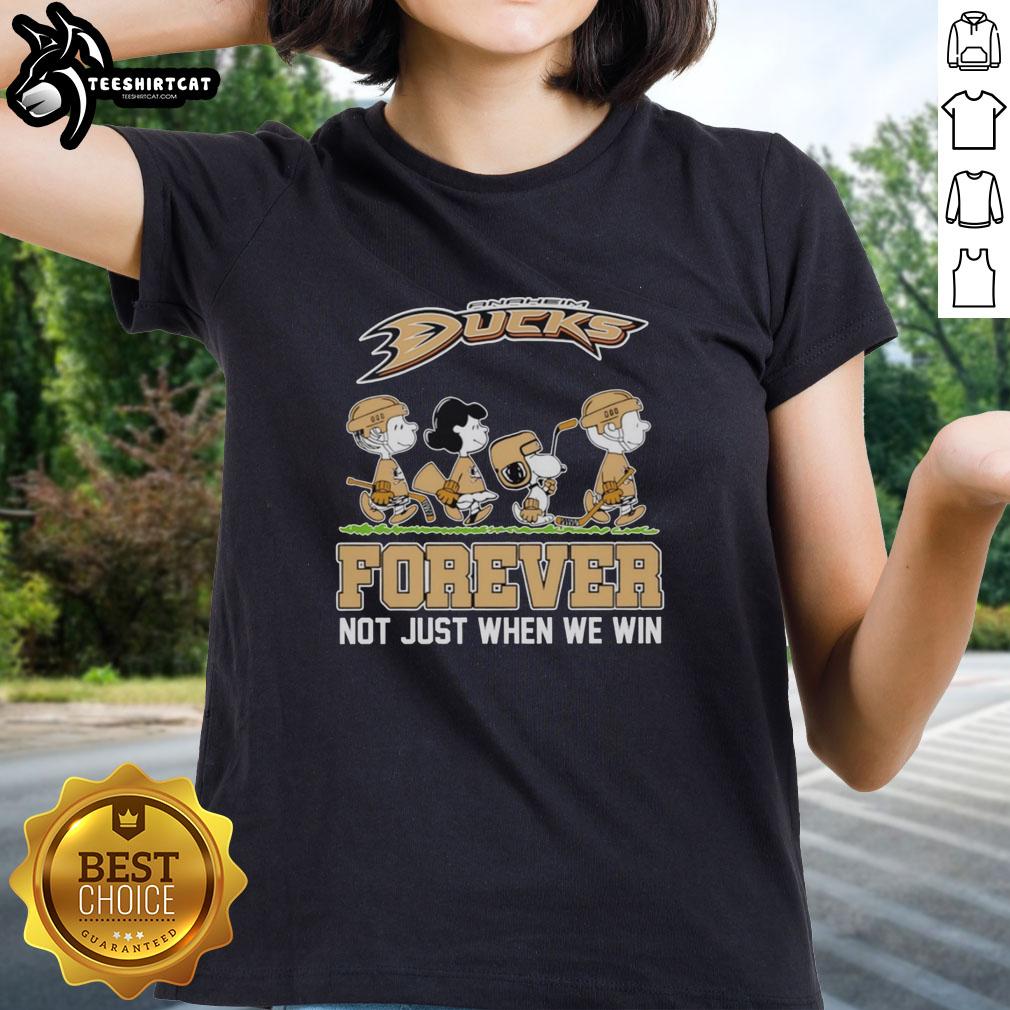 Cute Peanuts characters with Anaheim Ducks NHL logo on a ladies tee, celebrating fandom beyond just winning.