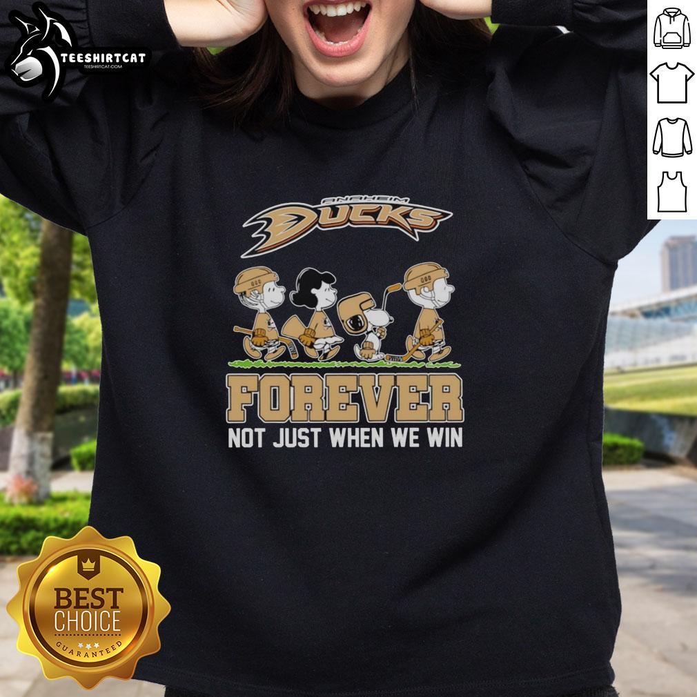 Alt Text: Cute Peanuts characters with Anaheim Ducks logo on sweatshirt, celebrating NHL fans' passion, Forever Not Just When We Win.