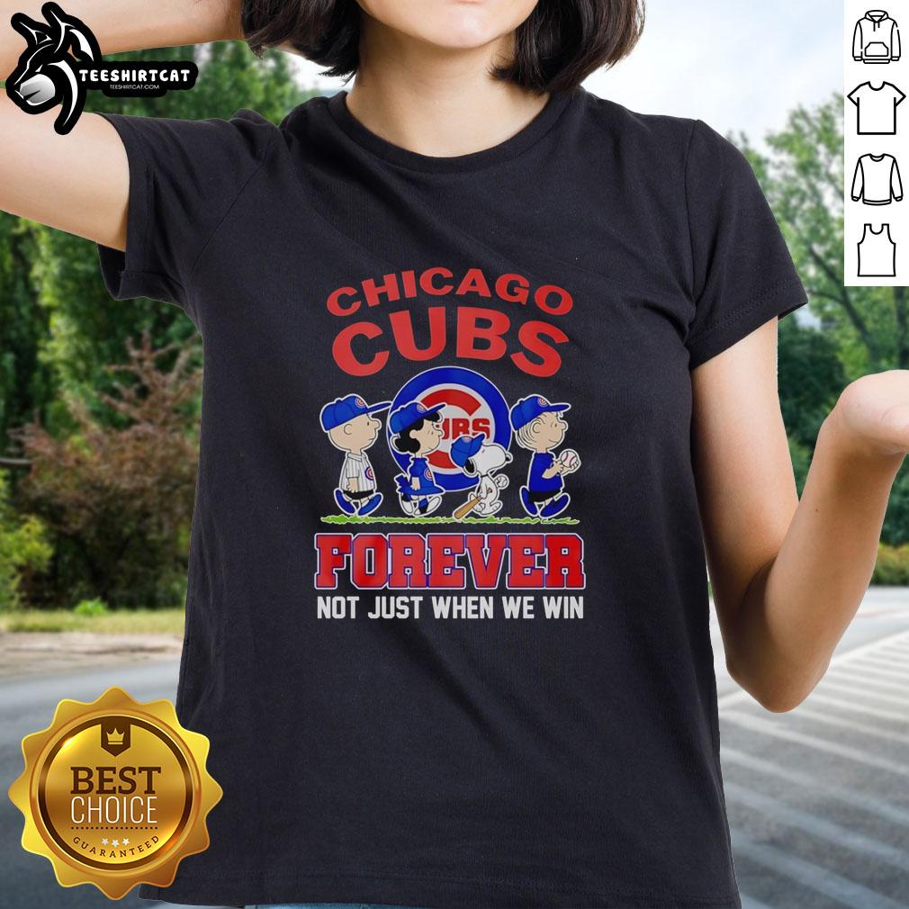 Cute Peanuts characters celebrate Chicago Cubs MLB with 'Forever Not Just When We Win' ladies tee design.