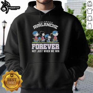 Adorable Peanuts characters on a Colorado Avalanche NHL hoodie, celebrating fandom with 'Forever, Not Just When We Win' slogan.