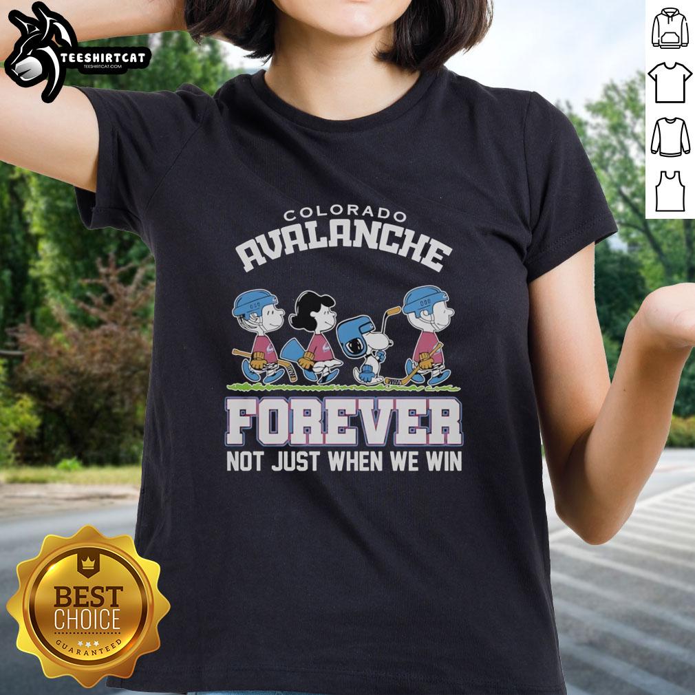 Alt Text: Cute Peanuts characters cheer for the Colorado Avalanche NHL on a stylish ladies tee, celebrating fandom beyond victories.