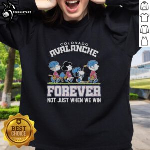 Alt Text: Cute Peanuts characters with Colorado Avalanche logo on a sweatshirt, celebrating NHL fandom year-round.