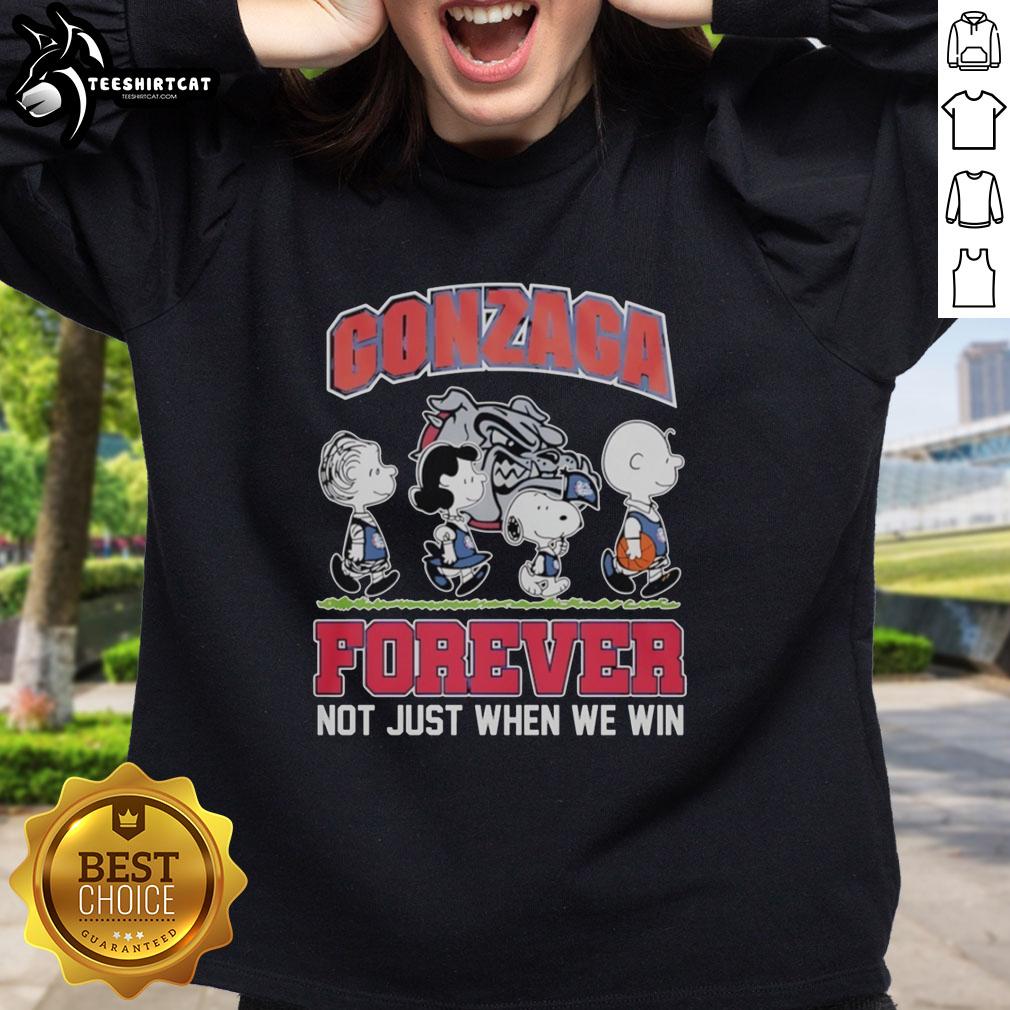 Alt Text: Cute Peanuts characters on Gonzaga Bulldogs NBA sweatshirt, perfect for fans celebrating team spirit anytime.