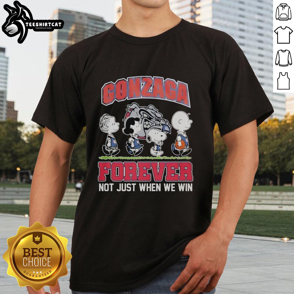 Alt Text: Cute Peanuts characters with Gonzaga Bulldogs logo on 'NBA Forever Not Just When We Win' T-shirt design