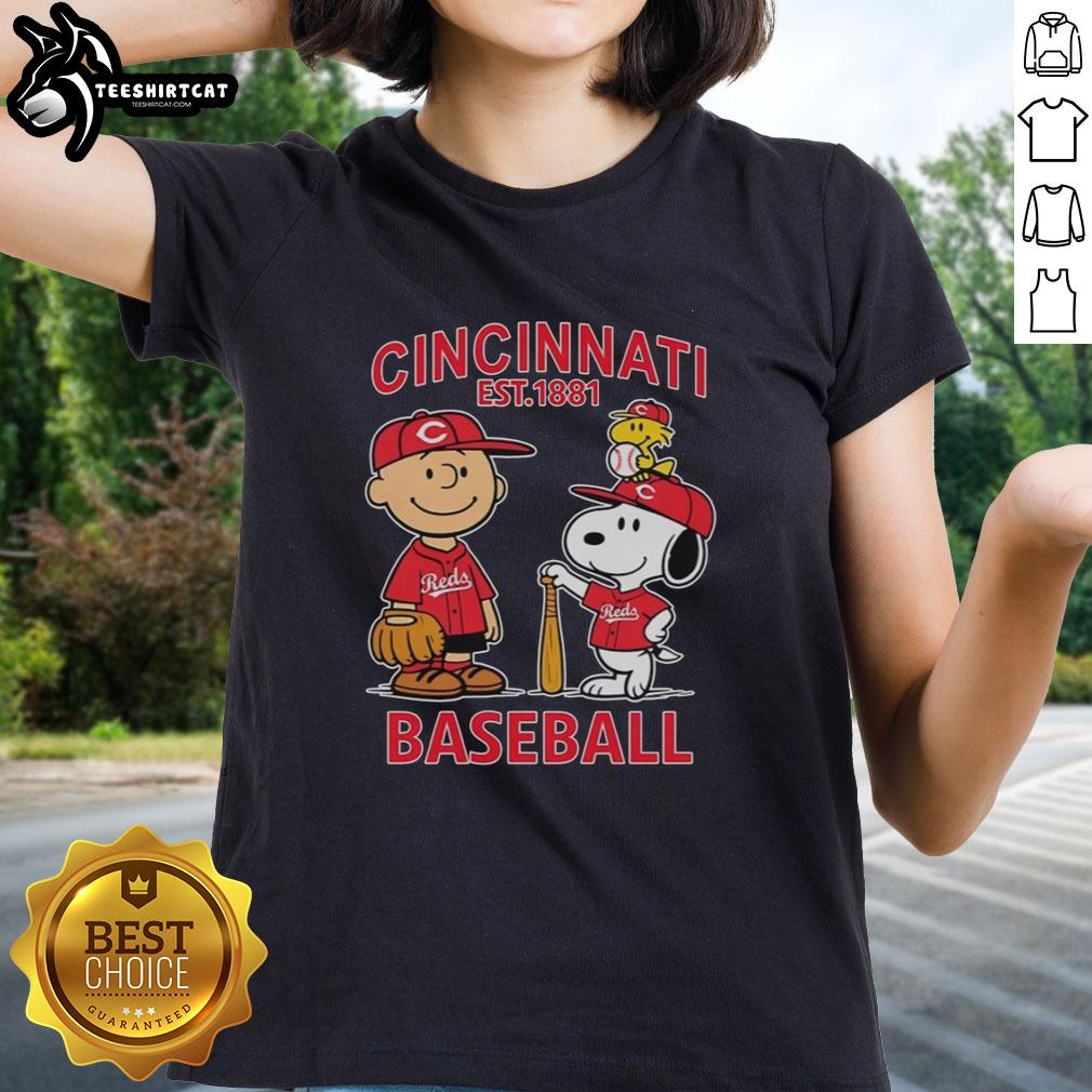 Alt Text: Good Charlie Brown, Snoopy, and Woodstock in Cincinnati Reds baseball jersey, Est. 1881, on a ladies tee shirt.