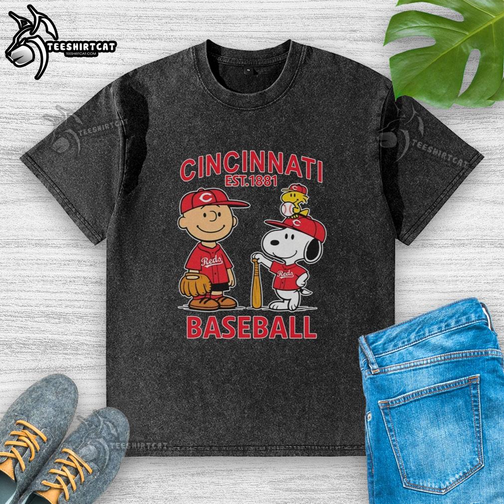 Good Charlie Brown, Snoopy, and Woodstock in Cincinnati Reds baseball jersey est. 1881 on a washed T-shirt.