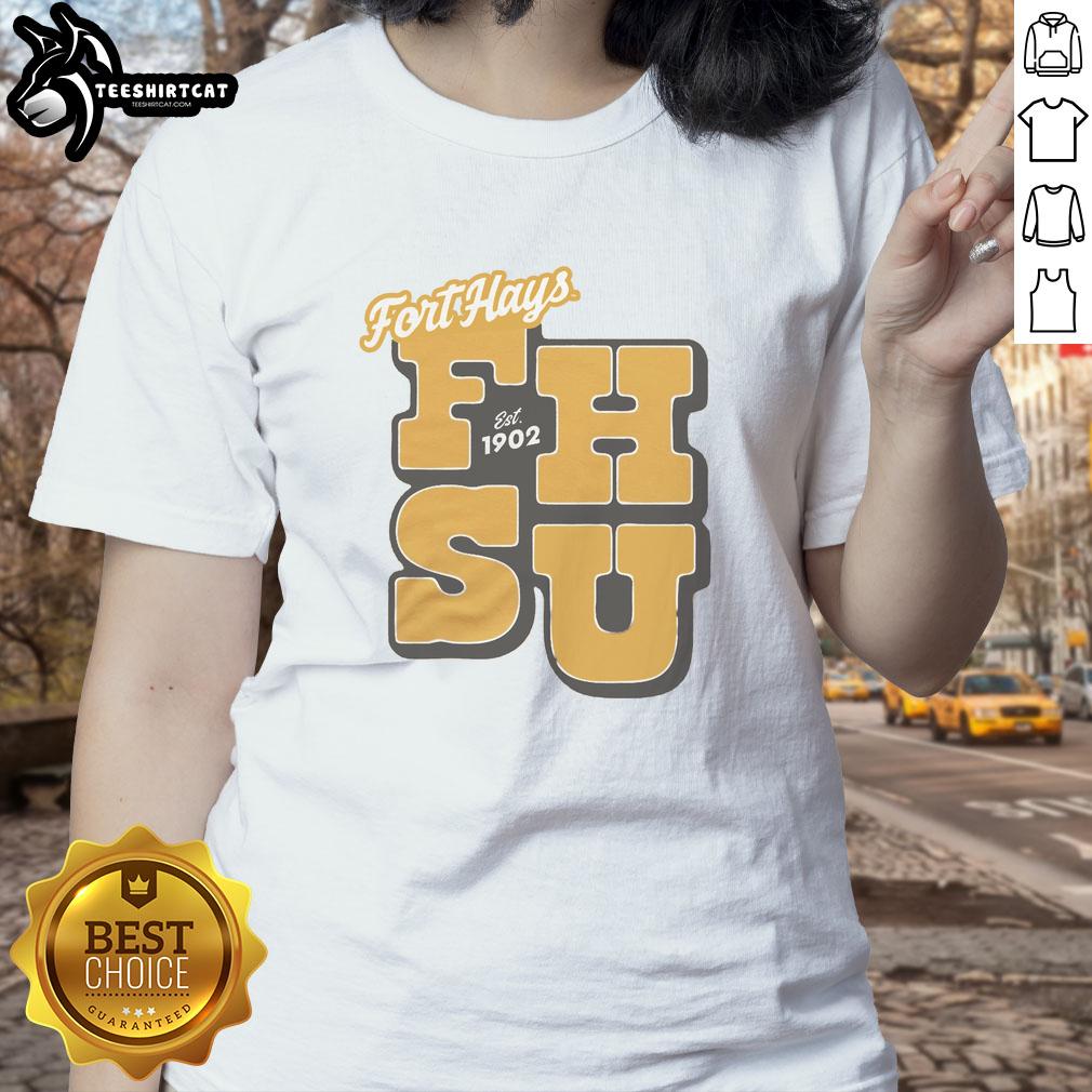 Good Fort Hays Est 1902 gold ladies tee featuring a stylish design, perfect for casual wear and showcasing school spirit.
