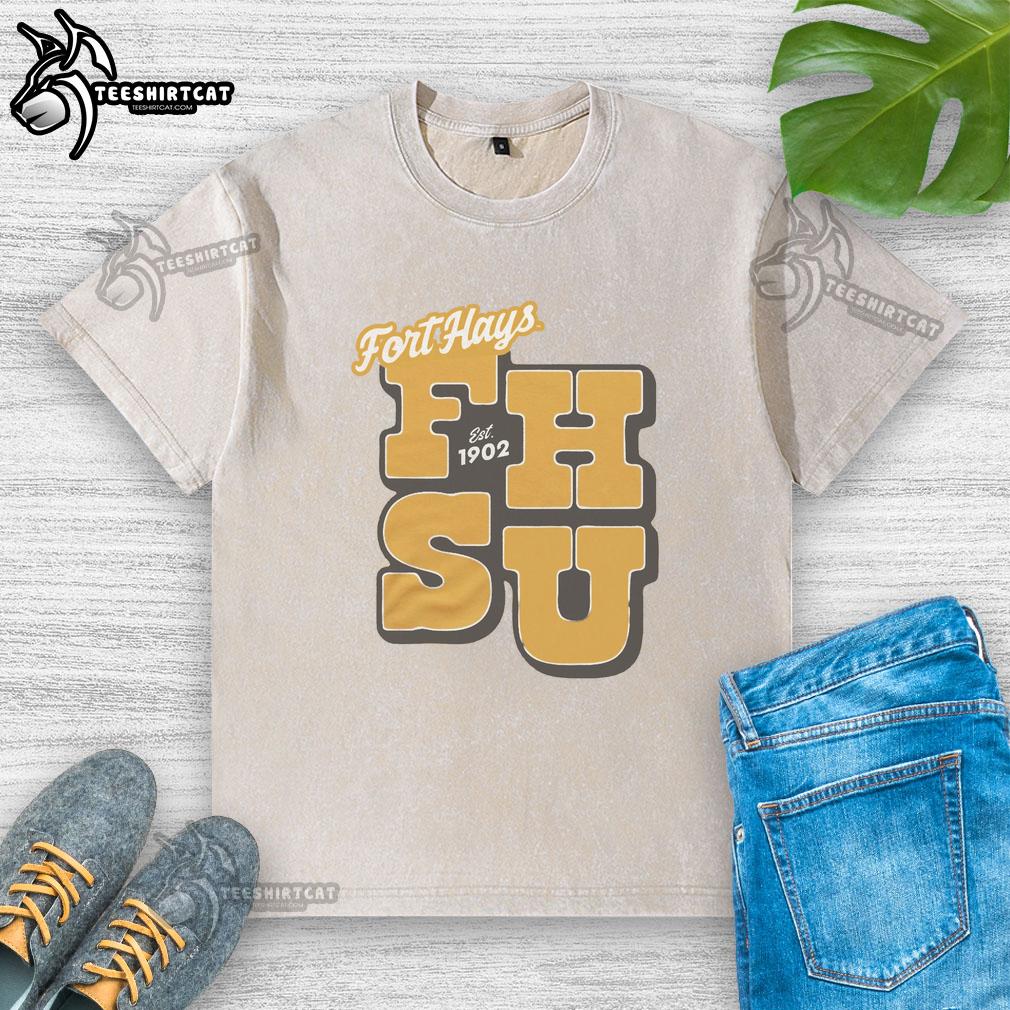 Good Fort Hays Est 1902 gold washed t-shirt featuring a vintage design, perfect for alumni and fans of Fort Hays State University.