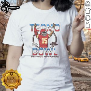 Ladies tee featuring Patrick Mahomes from Good Tecmo Bowl X Topps Chrome, perfect for Chiefs fans.