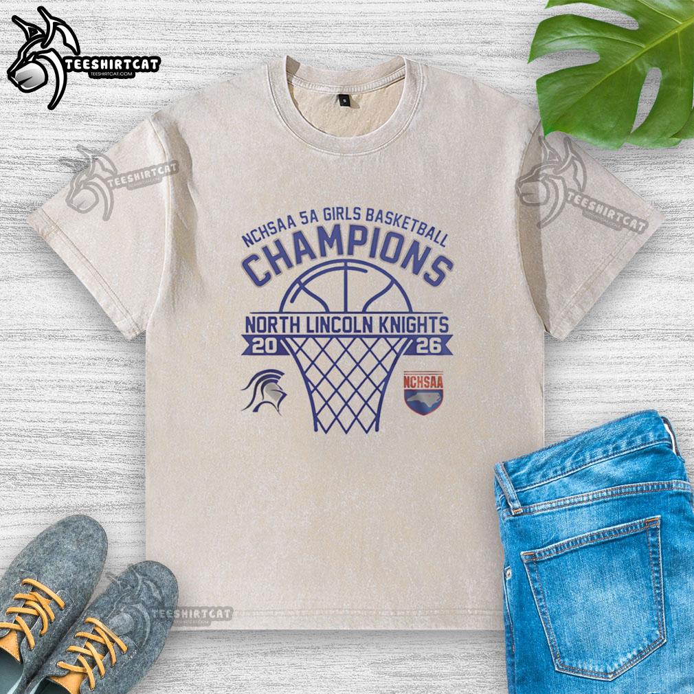 Alt Text: Hot North Lincoln Knights NCHSAA 5A Girls Basketball Champions 2026 washed t-shirt featuring team colors and logo.