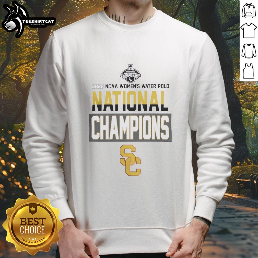 USC 2026 NC Women's Water Polo National Champions sweatshirt featuring bold team colors and logo.