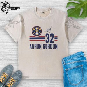 Alt Text: Aaron Gordon Denver Nuggets signature name and number washed t-shirt featuring vibrant team colors and logo.