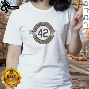Nice Breaking Barriers Jackie Robinson 1947-1956 Ladies Tee featuring iconic baseball imagery and historical significance.