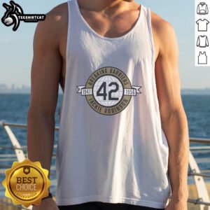 Alt Text: Jackie Robinson breaking barriers in baseball, featured on a stylish tank top from 1947-1956 collection.