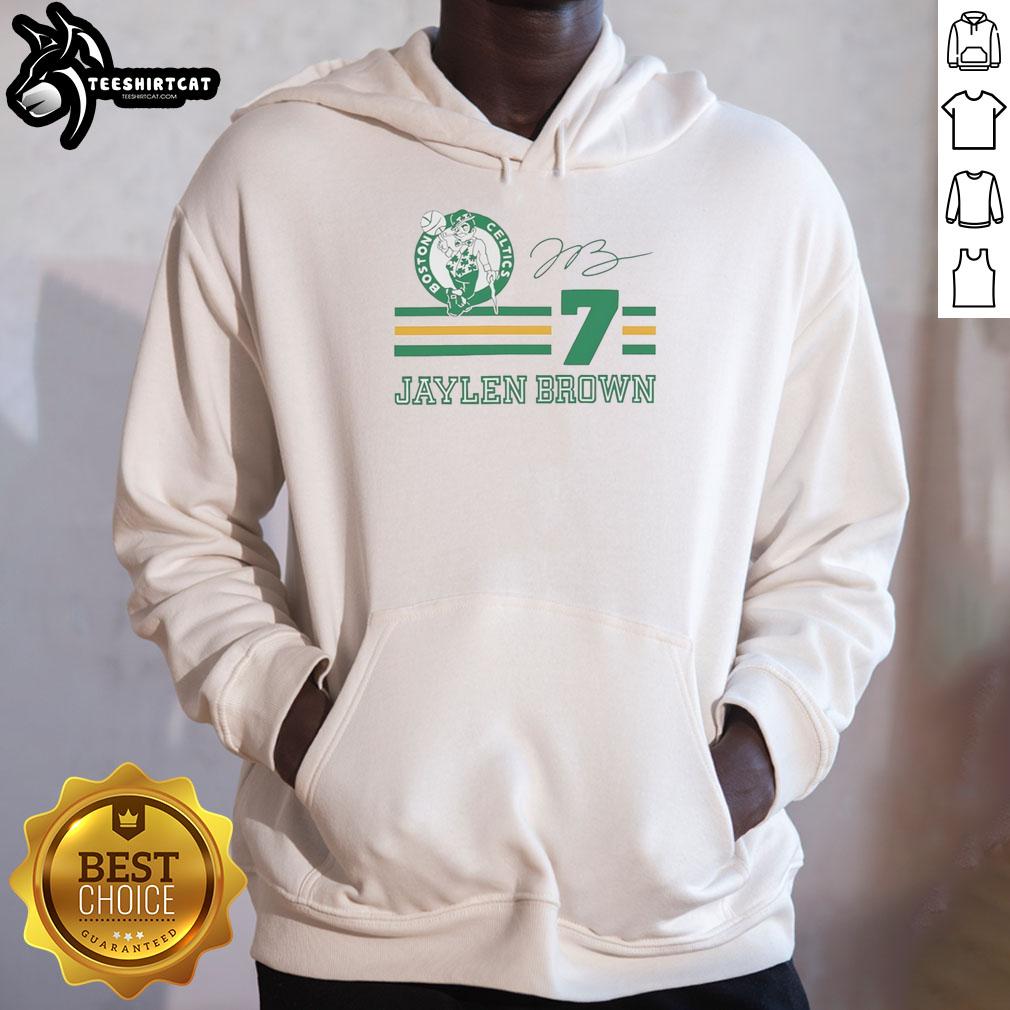 Jaylen Brown Boston Celtics signature hoodie featuring name and number design, perfect for fans and supporters.