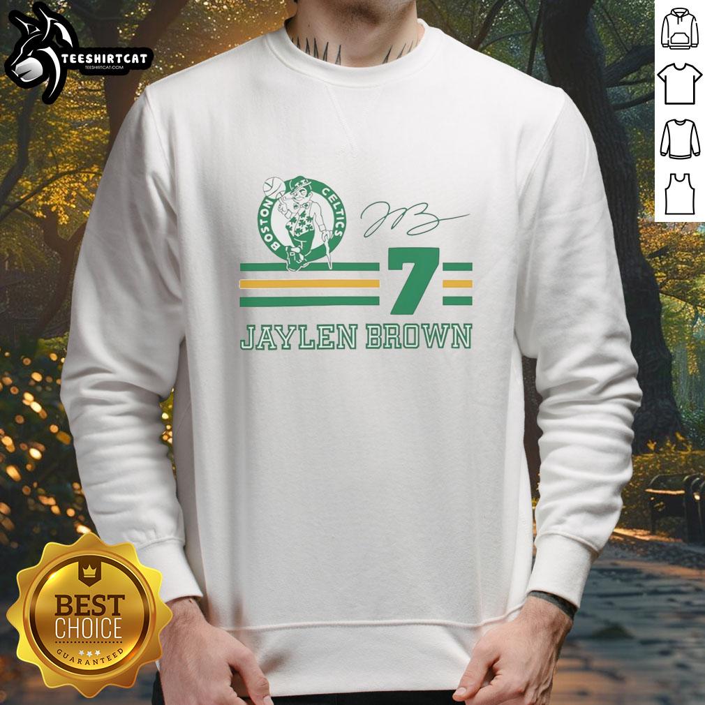 Jaylen Brown Boston Celtics sweatshirt featuring signature name and number, perfect for fans and collectors.