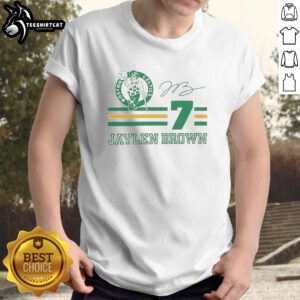 Jaylen Brown Boston Celtics signature name and number T-shirt in vibrant green, perfect for fans and collectors.