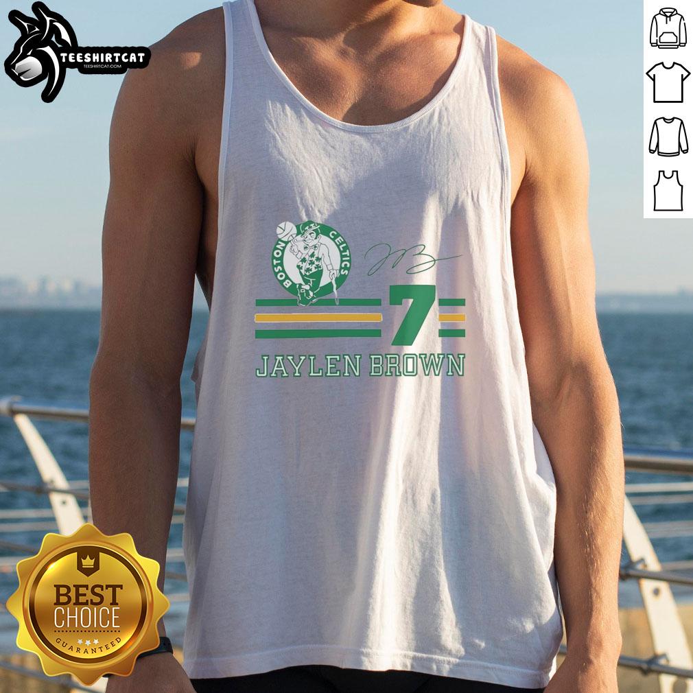 Alt Text: Jaylen Brown Boston Celtics signature name and number tank top featuring vibrant team colors and stylish design.