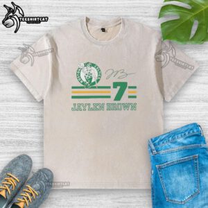 Alt Text: Jaylen Brown Boston Celtics signature name and number washed t-shirt showcasing team pride in stylish design.