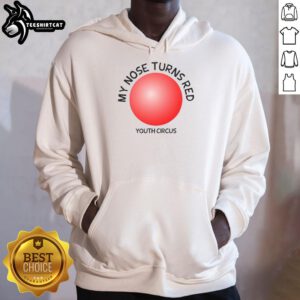 Red Youth Circus Hoodie featuring a playful design with 'My Nose Turns Red' for kids, perfect for circus lovers.