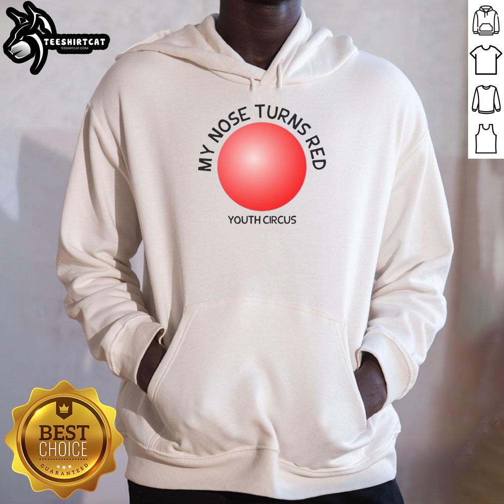 Red Youth Circus Hoodie featuring a playful design with 'My Nose Turns Red' for kids, perfect for circus lovers.