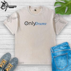 Alt Text: Nice Only Drums logo parody on a washed t-shirt, featuring a playful drum design and casual style.