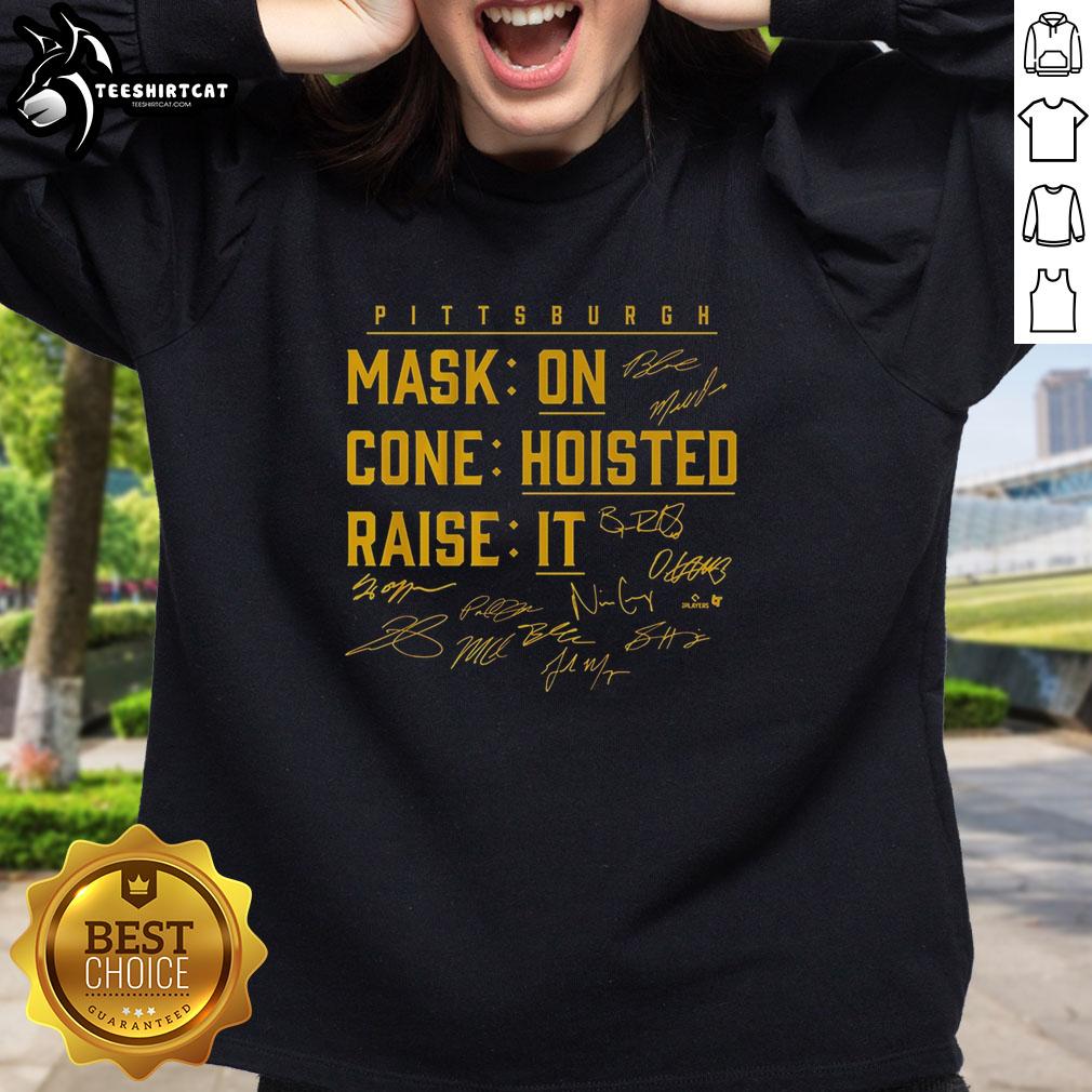 Alt Text: Stylish Pittsburgh baseball mask on a cone, featured on a trendy sweatshirt, perfect for sports fans.