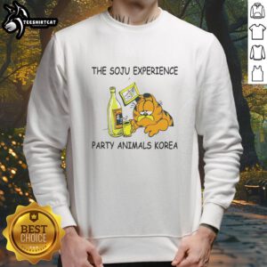 Group of friends wearing 'Nice-The-Soju-Experience' sweatshirts at a vibrant party in Korea, celebrating and enjoying together.